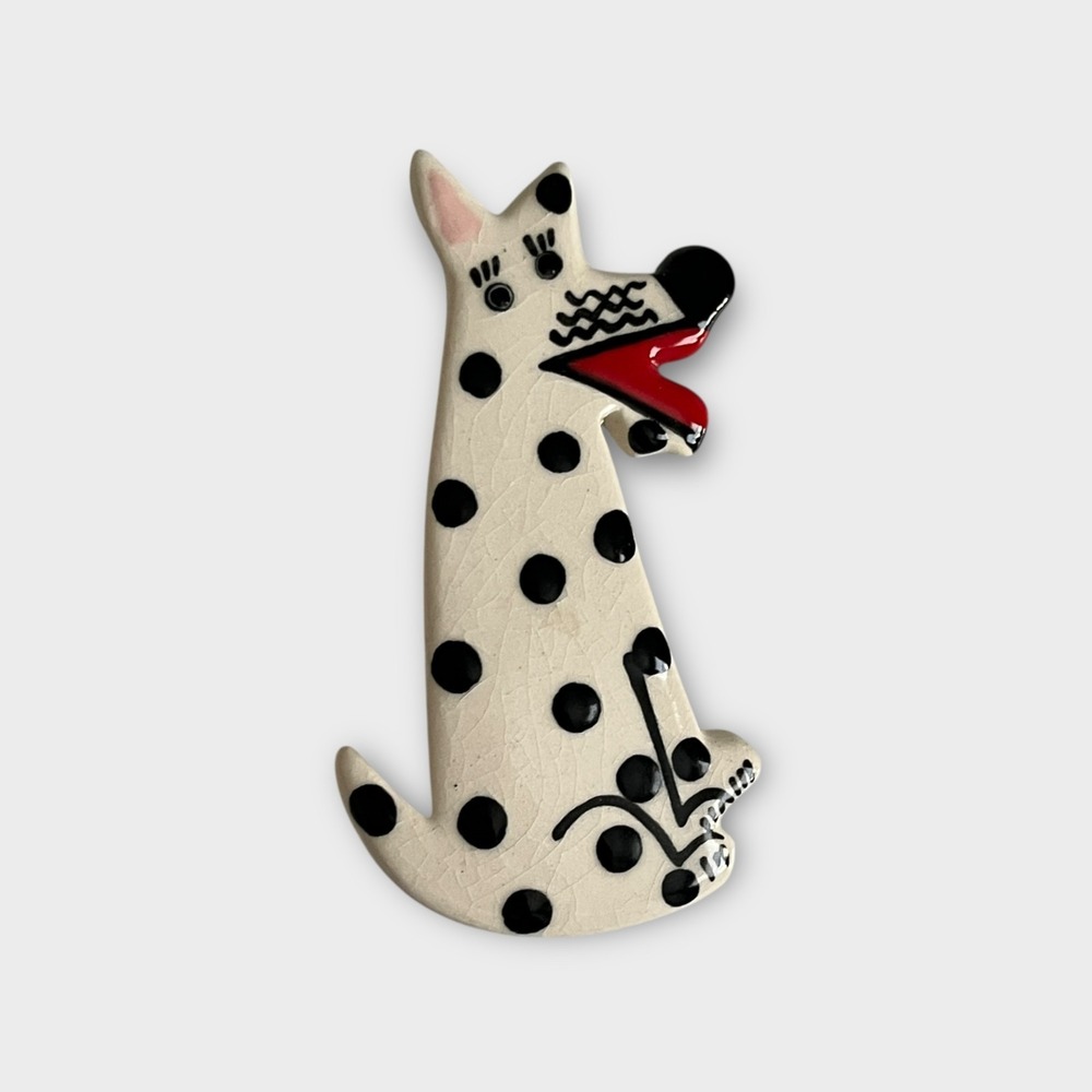 Ruby Z Ceramic Dalmatian Dog Brooch Vintage Polka Dot Spotted Pin Hand Painted